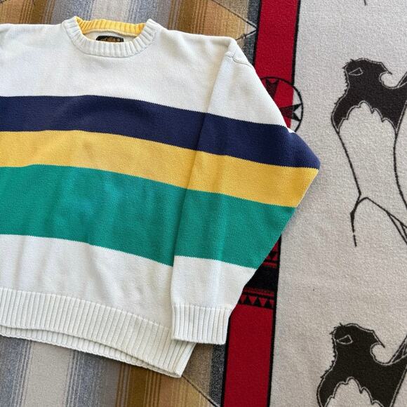 Vintage 90s Eddie Bauer Pullover Knit Sweater Size Large Striped Cotton Cottage - Picture 4 of 8